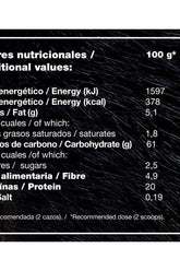Nutritional values chart for Zoomad Labs Zoomass protein isolate, detailing energy, fat, carbohydrates, fiber, and protein per 100g.
